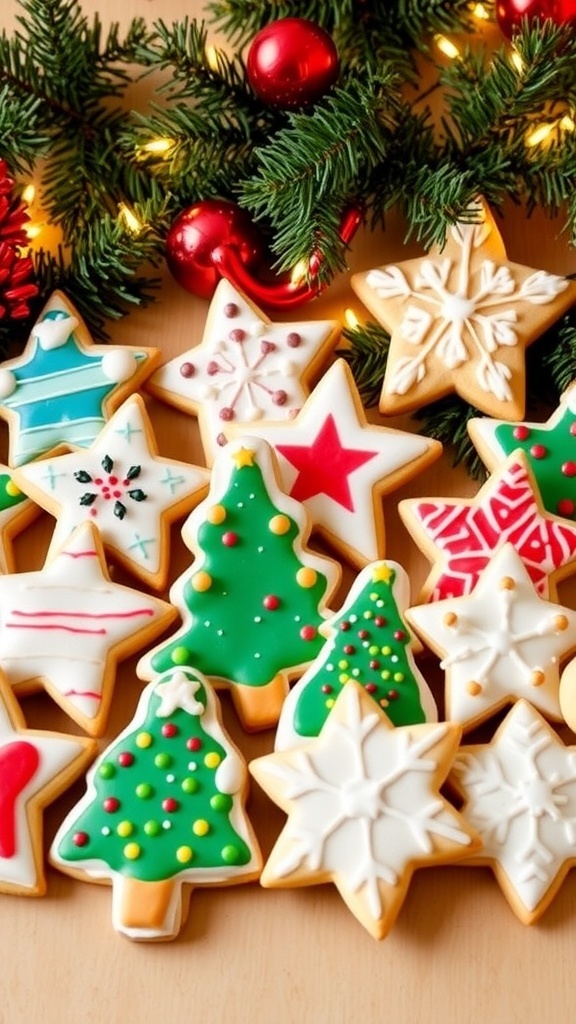 A variety of decorated Christmas sugar cookies in festive shapes on a holiday-themed table.